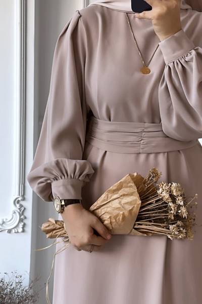 Balon Kol Kemerli Elbise -Taş