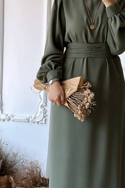 Balon Kol Kemerli Elbise -Haki