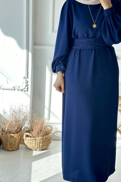 Balon Kol Kemerli Elbise -Lacivert