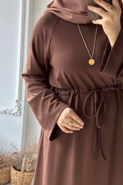 Belden Bağcıklı Basic Elbise - Kahverengi
