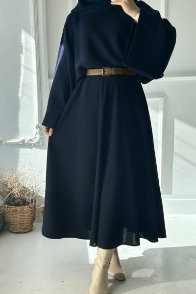 Beli Lastikli Kloş Etek -Koyu Lacivert