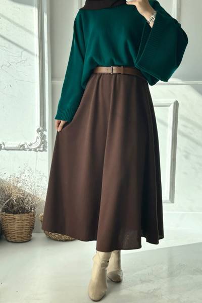 Beli Lastikli Kloş Etek -Kahverengi