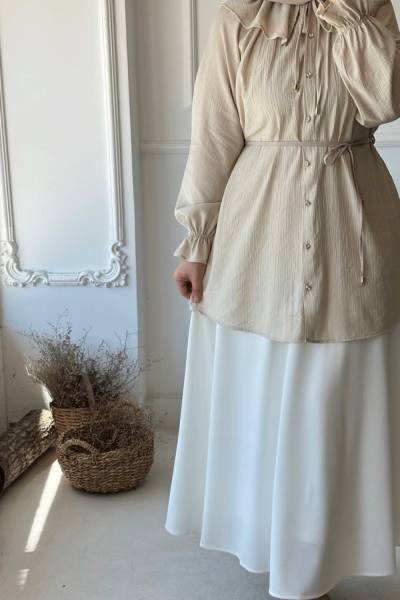 Beli Lastikli Kloş Etek -Beyaz