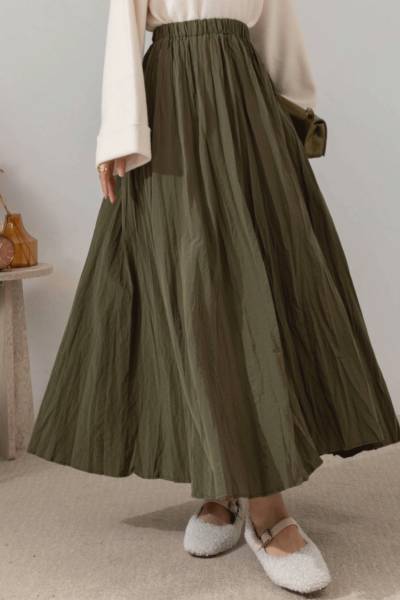 Kırışık Kumaş Haki Etek