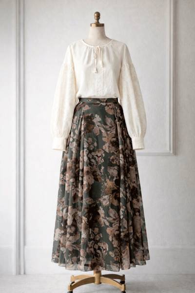 Çiçek Desenli Etek - Yeşil