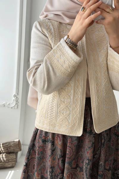 Keten Nakışlı Ceket - Bej