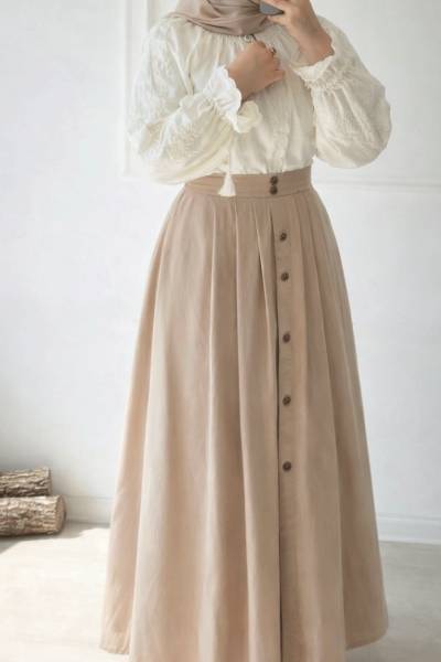 Düğme Detaylı Gabardin Etek - Bej