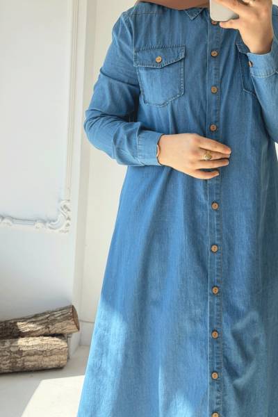 Düğmeli Kot Elbise - Mavi