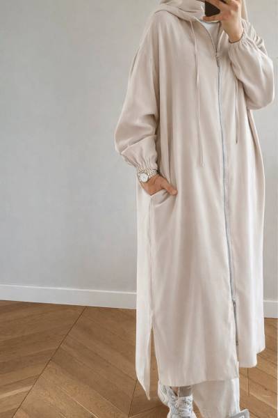 Fermuarlı Uzun Kap - Krem