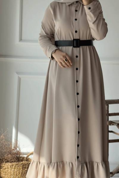 Fırfırlı Düğme Detay Elbise - Taş