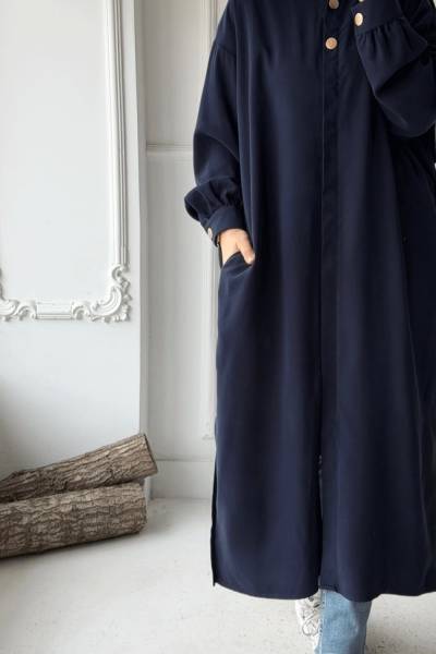 Gizli Düğmeli Uzun Kap - Lacivert