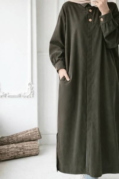 Gizli Düğmeli Uzun Kap - Haki