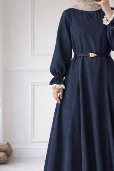 Güpür Detaylı Kot Elbise - Koyu Lacivert