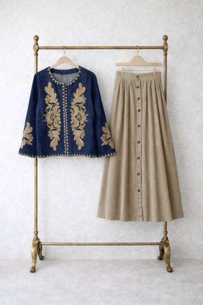 İşlemeli Denim Ceket - Taş