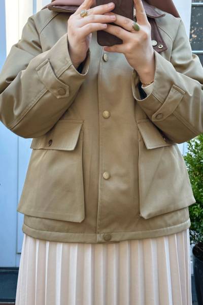 Kadife Yakalı Mont - Haki