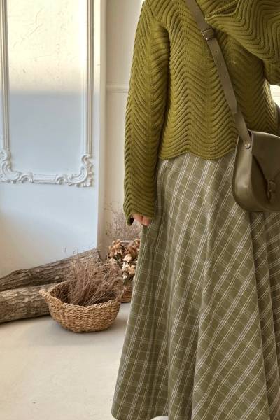 Kloş Kesim Ekose Etek - Haki