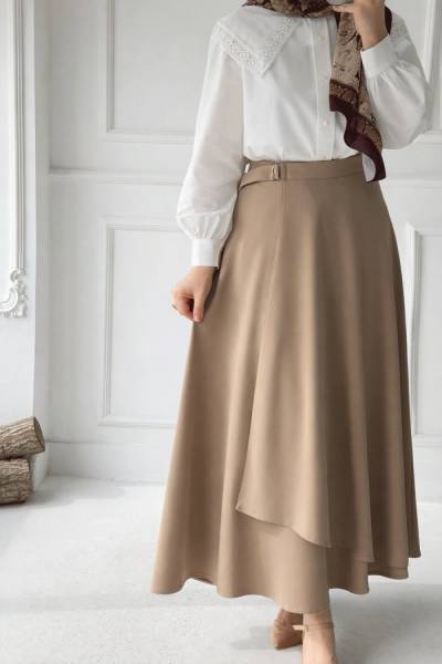 Krep Anvelop Kloş Etek - Kum Beji