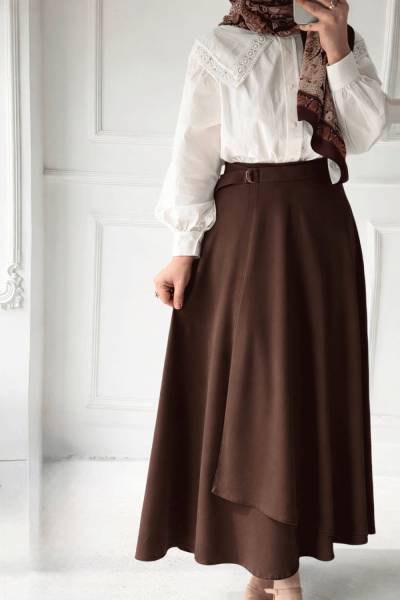 Krep Anvelop Kloş Etek - Kahverengi