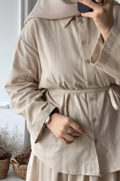 Kuşaklı Keten Takım - Bej