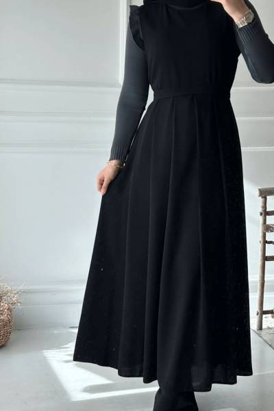 Pile Detaylı Kuşaklı Jile - Siyah