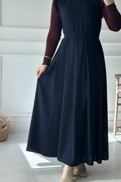 Pile Detaylı Kuşaklı Jile - Lacivert