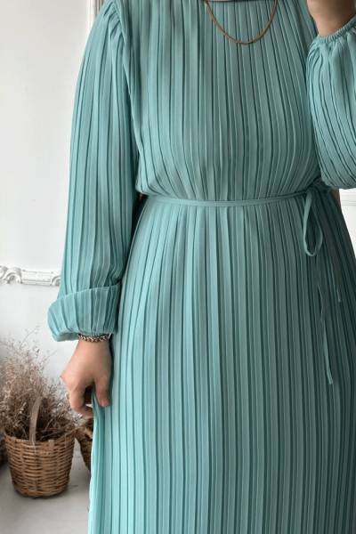 Piliseli Elbise - Su Yeşili