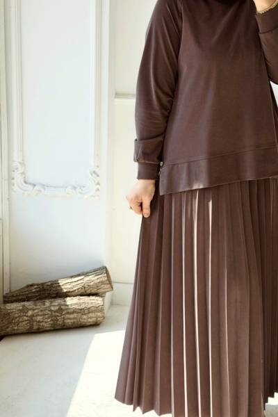 Piliseli Etekli Takım - Tozlu Kahve