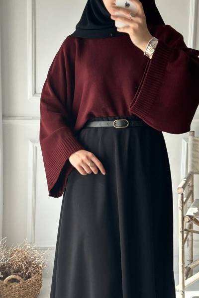 Reglan Kol Kısa Kazak - Koyu Bordo