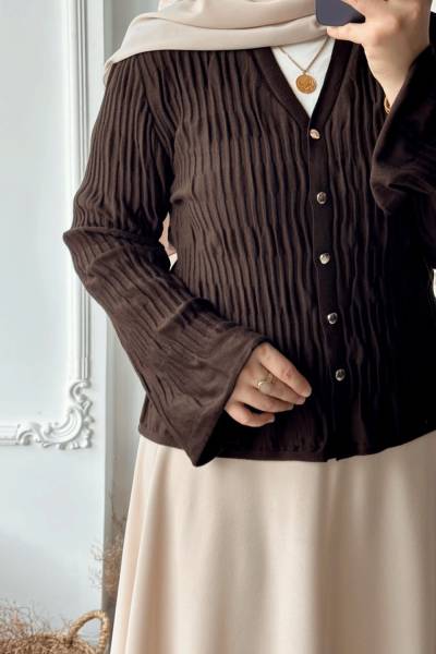 V Yaka Triko Hırka-Kahverengi