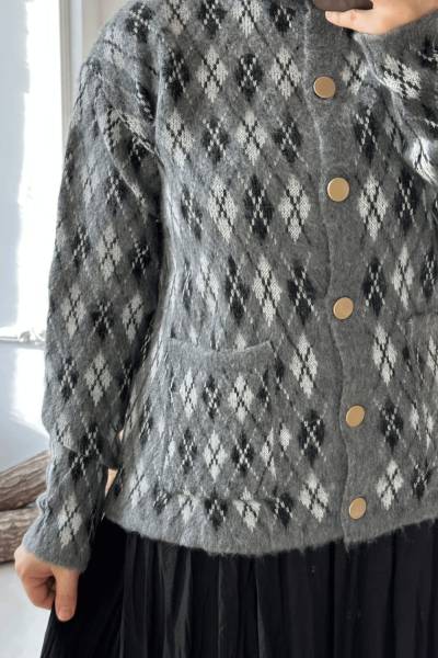 Cepli Baklava Desen Hırka - Gri