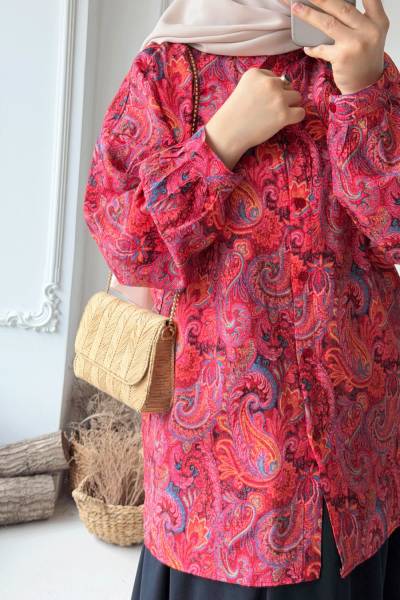 Etnik Desen Bağcıklı Tunik - Fuşya