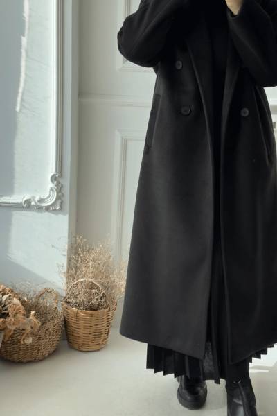 Kruvaze Yaka Kaşe Kaban - Siyah