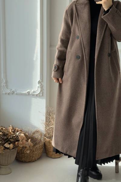 Kruvaze Yaka Kaşe Kaban - Vizon