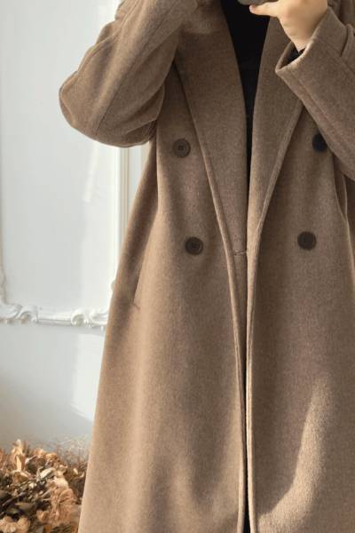 Kruvaze Yaka Kaşe Kaban - Camel