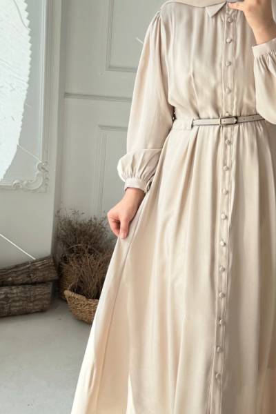 Kemer Detaylı Elbise - Krem