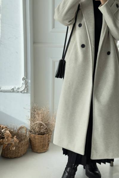 Kruvaze Yaka Kaşe Kaban - Taş