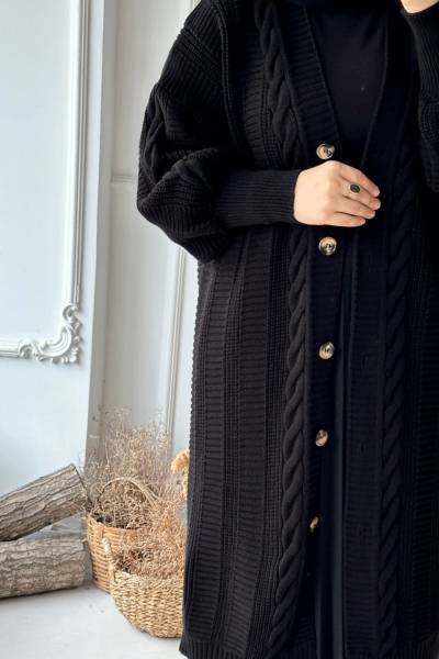 Örgü Desen Düğmeli Hırka - Siyah