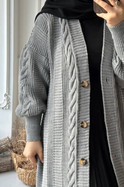 Örgü Desen Düğmeli Hırka - Gri