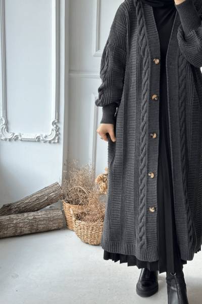 Örgü Desen Düğmeli Hırka - Antrasit