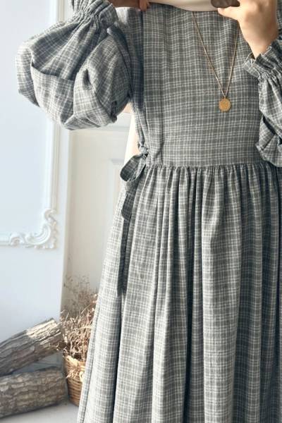 Yandan Bağcıklı Ekose Elbise - Gri